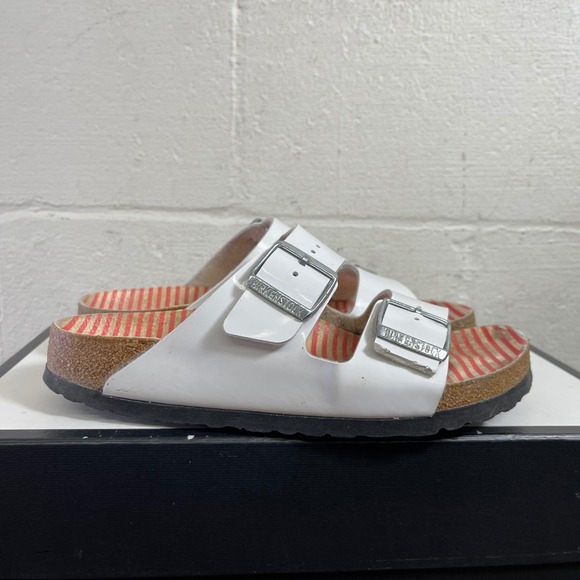 Birkenstock Shoes - Birkenstock Arizona White Leather Striped Sandals Slip On Women's 38 EU/7 US